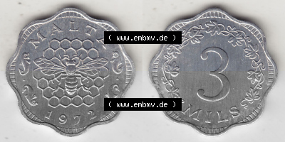 Bildmaterial Münzensatz / KMS 1972 aus Malta 1972-2006, 3 Mils 1972 (Stück 1), MALTA 3 MILS. Vorderseite und Rückseite als... Sammlung