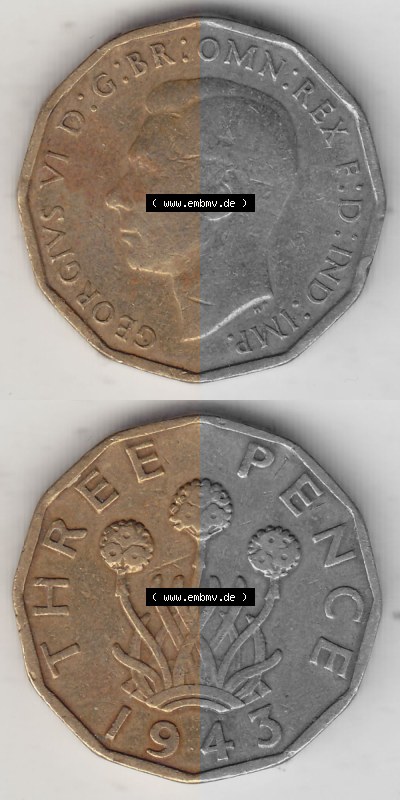 Alte Münzen Großbritannien Umlaufmünze 1937-1948, 3 Pence, Three Pence 1943 (Stück 2), George VI, GEORGIVS VI D G BR OMN REX... Sammlung