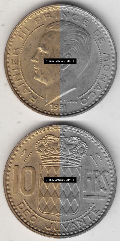 Alte Münzen Monaco Umlaufmünze Vollansicht 1950-1951, 10 Franken - FRS, Francs, 1951 (Stück 1), P. TURIN RAINIER III PRINCE... Sammlung