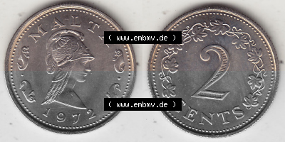 Bildmaterial Münzensatz / KMS 1972 aus Malta 1972-1982, 2 Cent 1972 (Stück 1), MALTA 2 CENTS. Vorderseite und Rückseite als... Sammlung