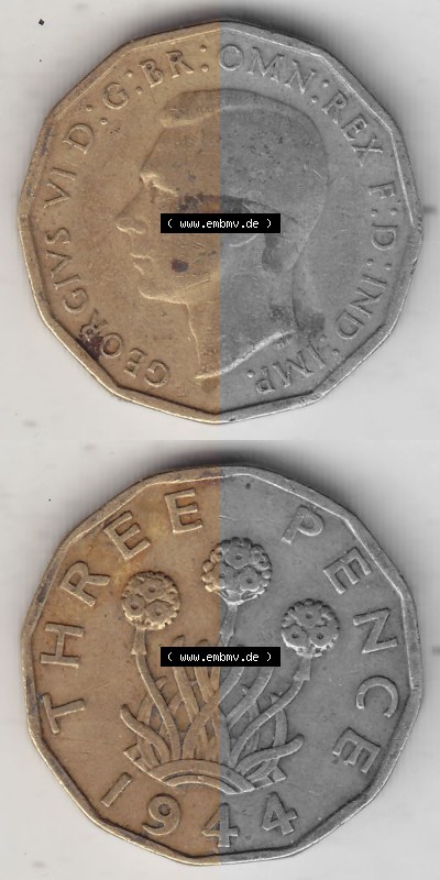 Alte Münzen Großbritannien Umlaufmünze 1937-1948, 3 Pence, Three Pence 1944 (Stück 1), George VI, GEORGIVS VI D G BR OMN REX... Sammlung