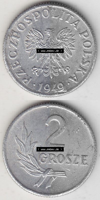 1949-1949, Republik Polen 2 Grosze, Groschen, Aluminium 1949 Sammlung