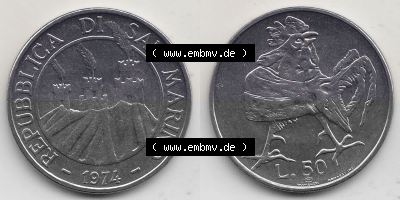 Bildmaterial Münzensatz / KMS 1974 aus San Marino 1974-1974, 50 Lire, L.50 MINGUZZI MONASSI INC.. Vorderseite und Rückseite... Sammlung