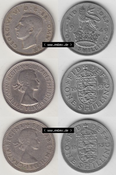 Alte Münzen Großbritannien Umlaufmünze One Shilling, 1 Schilling 1949, 1953, 1955. Ein Satz alter Münzen aus Großbritannien... Sammlung