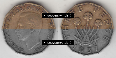 Alte Münzen Großbritannien Umlaufmünze 1937-1948, 3 Pence, Three Pence 1937 (Stück 1), George VI, GEORGIVS VI D G BR OMN REX... Sammlung