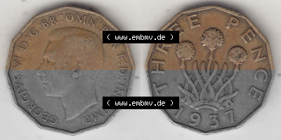 Alte Münzen Großbritannien Umlaufmünze 1937-1948, 3 Pence, Three Pence 1937 (Stück 2), George VI, GEORGIVS VI D G BR OMN REX... Sammlung