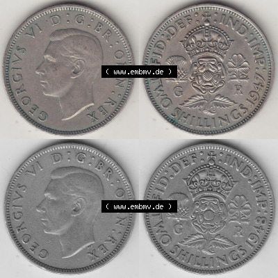 Alte Münzen Großbritannien Umlaufmünze 1947-1948, 2 Schilling-Florin 1947 und 1948 Bild-Version 1/2, Two Shillings, George... Sammlung