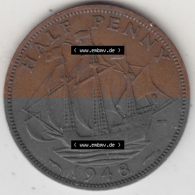 Alte Münzen Großbritannien Umlaufmünze 1937-1948, Half Penny, 1948 (Stück 1), George VI, HALF PENNY HP, Segelschiff. Rückseite... Sammlung