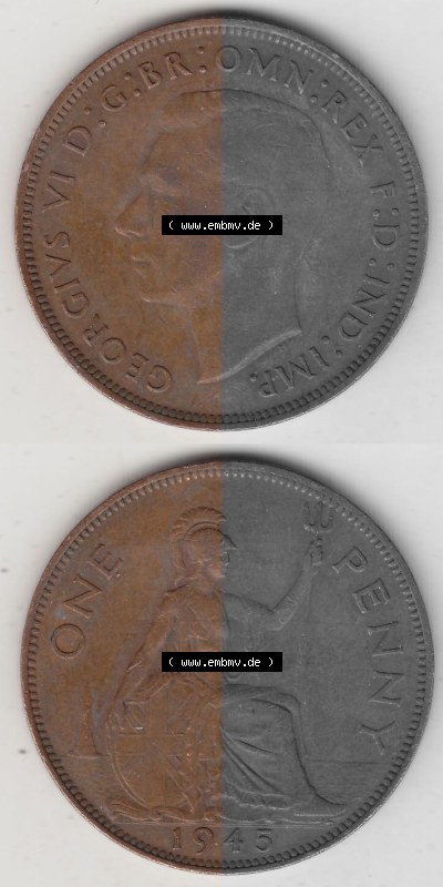 Münzen Großbritannien Umlaufmünze 1937-1948. 1 One Penny 1945 (Stück 1), George VI, GEORGIVS VI DGBROMNREX FDINDIMP. HP. Vorderseite... Sammlung