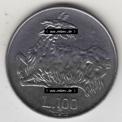 Bildmaterial Münzensatz / KMS 1974 aus San Marino 1974-1974, 100 Lire, L.100 MINGUZZI MONASSI INC.. Rückseite als Einzelansicht... Sammlung