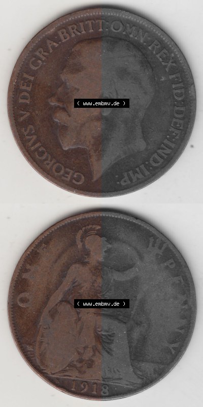 Alte Münzen Großbritannien Umlaufmünze 1911-1926, 1 Penny, One Penny, 1918 (Stück 1), B.M. GEORGIVS V DEI GRA BRITT OMN REX... Sammlung