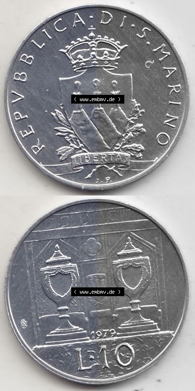 Bildmaterial Münzensatz / KMS 1979 aus San Marino 1979-1979, 10 Lire, J. V. LIBERTAS REPVBBLICA DI S. MARINO, 1979 L.10. Vorderseite... Sammlung