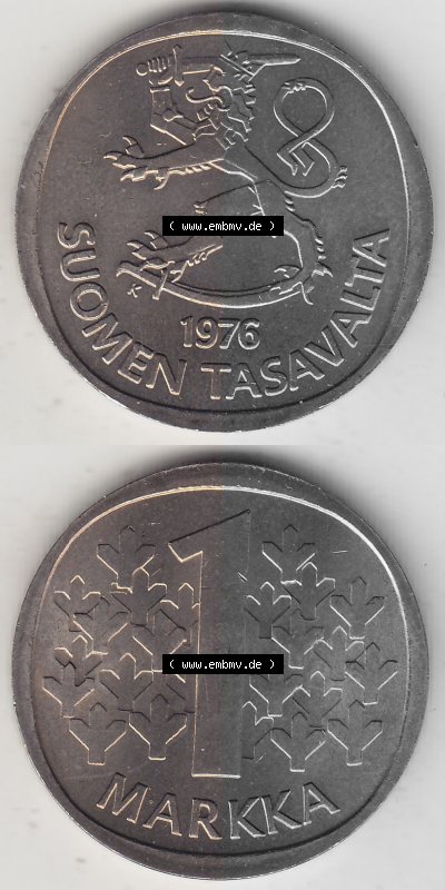 Alte Münzen KMS Finnland, Kursmünzensatz 1976 in Stempelglanz 1969-1993, 1 Finnische Mark, Markka 1976 (Stück 1), SUOMEN TASAVALTA.... Sammlung