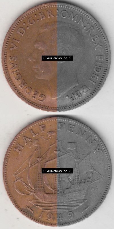Alte Münzen Großbritannien Umlaufmünze 1949-1952, Half Penny, 1949 (Stück 1), George VI, HALF PENNY HP, Segelschiff. Vorderseite... Sammlung