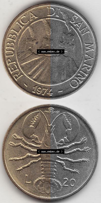 Bildmaterial Münzensatz / KMS 1974 aus San Marino 1974-1974, 20 Lire, L.20 MINGUZZI MONASSI INC.. Vorderseite und Rückseite... Sammlung