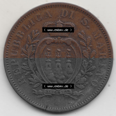 Bildmaterial Münzen aus San Marino vor 1900, 1875-1894, 10 Centesimi, Cent-Wert, 1875 (Stück 1), GORI LIBERTAS REPUBBLICA DI... Sammlung