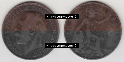 Alte Münzen Großbritannien Umlaufmünze 1911-1926, 1 Penny, One Penny, 1917 (Stück 1), B.M. GEORGIVS V DEI GRA BRITT OMN REX... Sammlung
