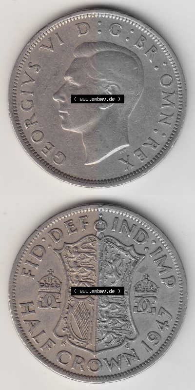 Alte Münzen Großbritannien Umlaufmünze 1947-1948, 1/2 Krone, Half Crown 1947 (Stück 1), George VI, FID DEF IND IMP HALF CROWN.... Sammlung
