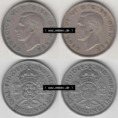 Alte Münzen Großbritannien Umlaufmünze 1947-1948, 2 Schilling-Florin 1947 und 1948 Bild-Version 2/2, Two Shillings, George... Sammlung