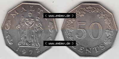 Bildmaterial Münzensatz / KMS 1972 aus Malta 1972-1981, 50 Cent 1972 (Stück 1), MALTA 50 CENTS. Vorderseite und Rückseite als... Sammlung