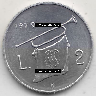 Bildmaterial Münzensatz / KMS 1979 aus San Marino 1979-1979, 2 Lire, J. V. LIBERTAS REPVBBLICA DI S. MARINO, 1979 L.2. Rückseite... Sammlung
