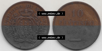 Bildmaterial Münzen aus San Marino vor 1900, 1875-1894, 10 Centesimi, Cent-Wert, 1875 (Stück 1), GORI LIBERTAS REPUBBLICA DI... Sammlung