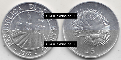 Bildmaterial Münzensatz / KMS 1974 aus San Marino 1974-1974, 5 Lire, L.5 MINGUZZI MONASSI INC.. Vorderseite und Rückseite als... Sammlung
