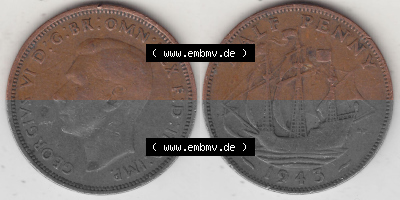 Alte Münzen Großbritannien Umlaufmünze 1937-1948, Half Penny, 1943 (Stück 1), George VI, HALF PENNY HP, Segelschiff. Vorderseite... Sammlung