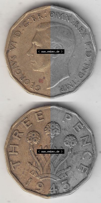 Alte Münzen Großbritannien Umlaufmünze 1937-1948, 3 Pence, Three Pence 1943 (Stück 4), George VI, GEORGIVS VI D G BR OMN REX... Sammlung