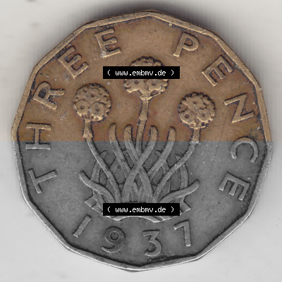 Alte Münzen Großbritannien Umlaufmünze 1937-1948, 3 Pence, Three Pence 1937 (Stück 1), George VI, GEORGIVS VI D G BR OMN REX... Sammlung