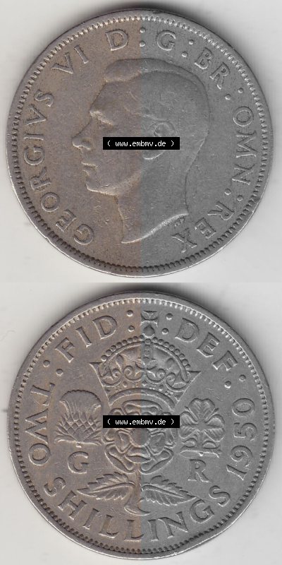 Alte Münzen Großbritannien Umlaufmünze 1949-1951, 2 Schilling, Shillings (Florin) 1950 (Stück 1), George VI, GEORGIVS VI DG... Sammlung