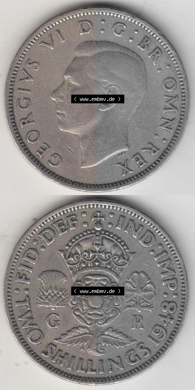 Alte Münzen Großbritannien Umlaufmünze 1947-1948, 2 Schilling-Florin, Two Shillings, 1948 (Stück 2), George VI, GEORGIVS VI... Sammlung