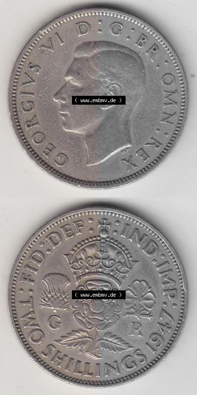 Alte Münzen Großbritannien Umlaufmünze 1947-1948, 2 Schilling-Florin, Two Shillings, 1947 (Stück 4), George VI, GEORGIVS VI... Sammlung