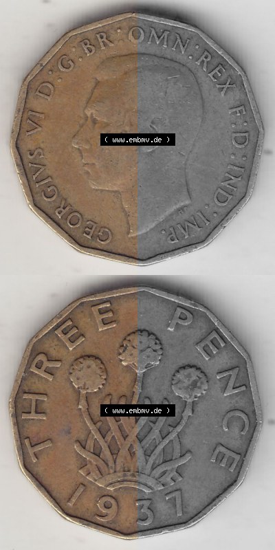 Alte Münzen Großbritannien Umlaufmünze 1937-1948, 3 Pence, Three Pence 1937 (Stück 2), George VI, GEORGIVS VI D G BR OMN REX... Sammlung