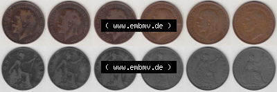 Alte Münzen Großbritannien Umlaufmünze 1912-1948, 1912, 1917, 1918, 1921, 1935 und 1948 One Penny, 1 Penny George V. VI.. Ein... Sammlung