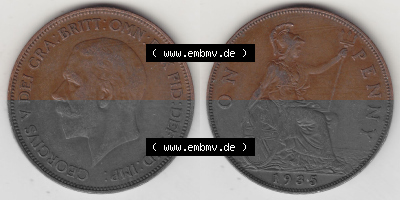 Alte Münzen Großbritannien Umlaufmünze 1928-1936, 1 Penny, ONE PENNY, 1935 (Stück 1), BM GEORGIVS V DEI GRA BRITT OMN REX... Sammlung