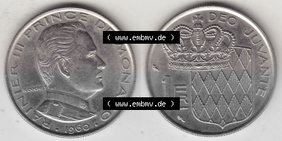 Alte Münzen Monaco Umlaufmünze Vollansicht 1960-1995, 1 Franken, Francs 1960 (Stück 1), RAINIER III PRINCE DE MONACO R. COCHET,... Sammlung