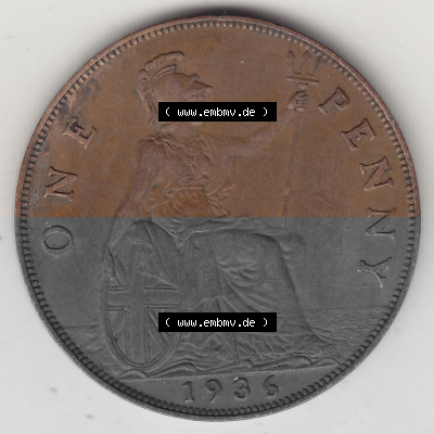 Münzen Großbritannien Umlaufmünze 1928-1936, 1 One Penny, 1936 (Stück 3), George V. BM GEORGIVS V DEI GRABRITTOMNREX FIDDEFINDIMP.... Sammlung