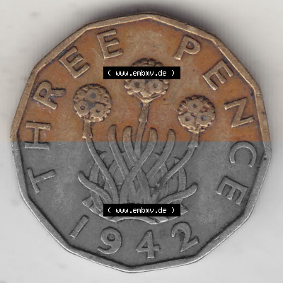 Alte Münzen Großbritannien Umlaufmünze 1937-1948, 3 Pence, Three Pence 1942 (Stück 1), George VI, GEORGIVS VI D G BR OMN REX... Sammlung