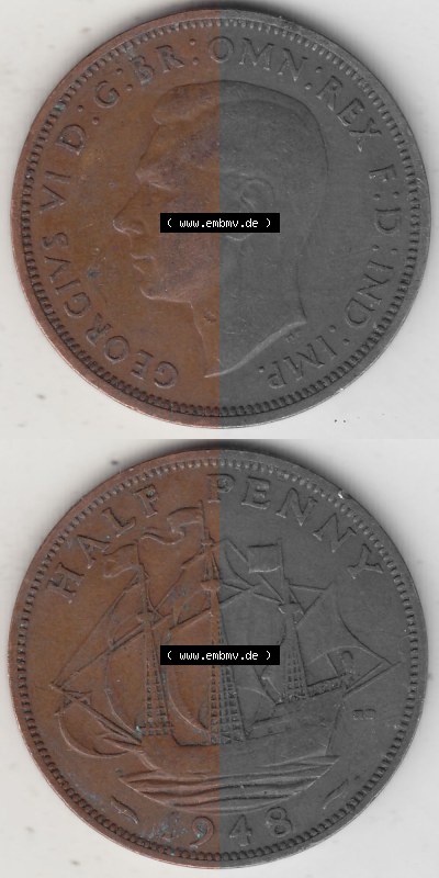 Alte Münzen Großbritannien Umlaufmünze 1937-1948, Half Penny, 1948 (Stück 1), George VI, HALF PENNY HP, Segelschiff. Vorderseite... Sammlung