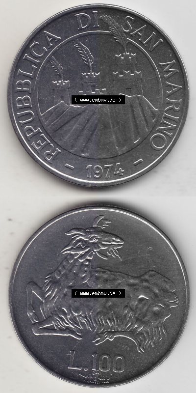 Bildmaterial Münzensatz / KMS 1974 aus San Marino 1974-1974, 100 Lire, L.100 MINGUZZI MONASSI INC.. Vorderseite und Rückseite... Sammlung