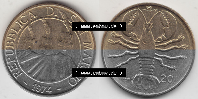 Bildmaterial Münzensatz / KMS 1974 aus San Marino 1974-1974, 20 Lire, L.20 MINGUZZI MONASSI INC.. Vorderseite und Rückseite... Sammlung