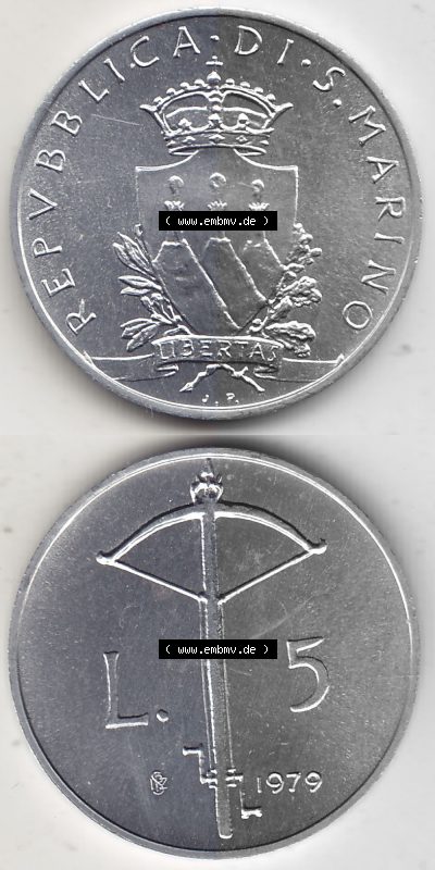 Bildmaterial Münzensatz / KMS 1979 aus San Marino 1979-1979, 5 Lire, LIBERTAS REPVBBLICA DI S. MARINO, 1979 L.5. Vorderseite... Sammlung