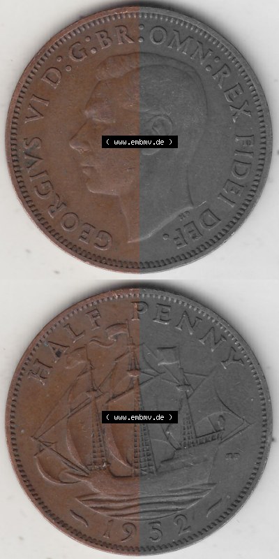 Alte Münzen Großbritannien Umlaufmünze 1949-1952, Half Penny, 1952 (Stück 1), George VI, HALF PENNY HP, Segelschiff. Vorderseite... Sammlung