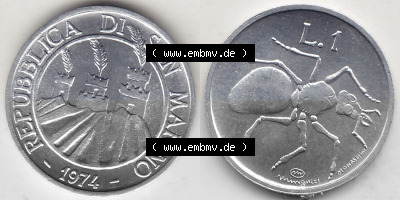 Bildmaterial Münzensatz / KMS 1974 aus San Marino 1974-1974, 1 Lire, 1 Lira, L.1 MINGUZZI MONASSI INC.. Vorderseite und Rückseite... Sammlung