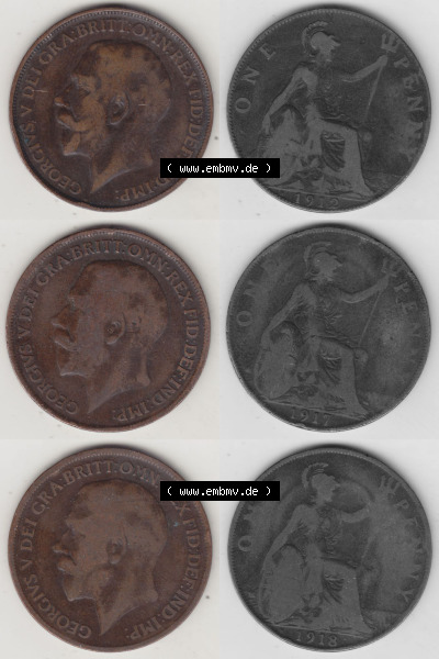 Alte Münzen Großbritannien Umlaufmünze 1912-1918, 1912, 1917, 1918 One Penny, 1 Penny George V. Ein Satz alter Münzen aus... Sammlung