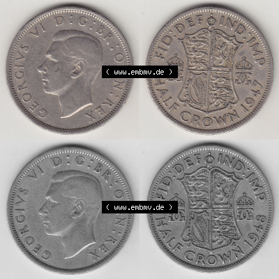 Alte Münzen Großbritannien Umlaufmünze 1947-1948, 1/2 Krone, Half Crown 1947 und 1948 Bild-Version 1/2, George VI, FID DEF... Sammlung