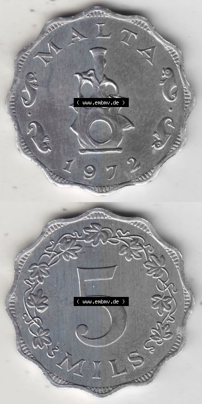Bildmaterial Münzensatz / KMS 1972 aus Malta 1972-2007, 5 Mils 1972 (Stück 1), MALTA 5 MILS. Vorderseite und Rückseite als... Sammlung