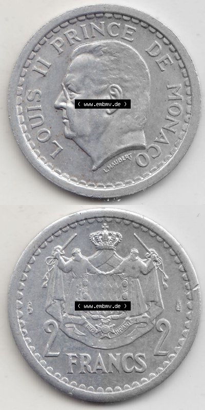 Alte Münzen Monaco Umlaufmünze Vollansicht 1943-1943, 2 Franken 1943 (Stück 1) in Aluminium, LOUIS II PRINCE DE MONACO, 2 FRANCS... Sammlung