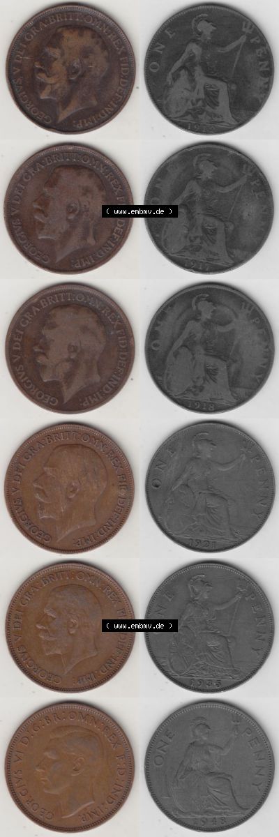 Alte Münzen Großbritannien Umlaufmünze 1912-1948, 1912, 1917, 1918, 1921, 1935 und 1948 One Penny, 1 Penny George V. VI.. Ein... Sammlung